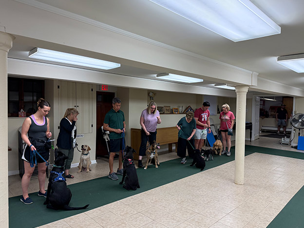 Proud dog owners with their pets at a training class graduation ceremony